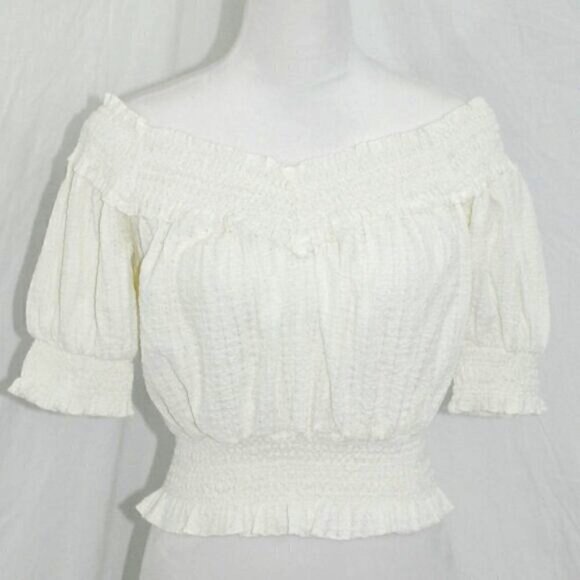 Womens Medium White Crop Top Countrycore Bodycon 100% Polyester Off Shoulder Boa - Picture 1 of 6
